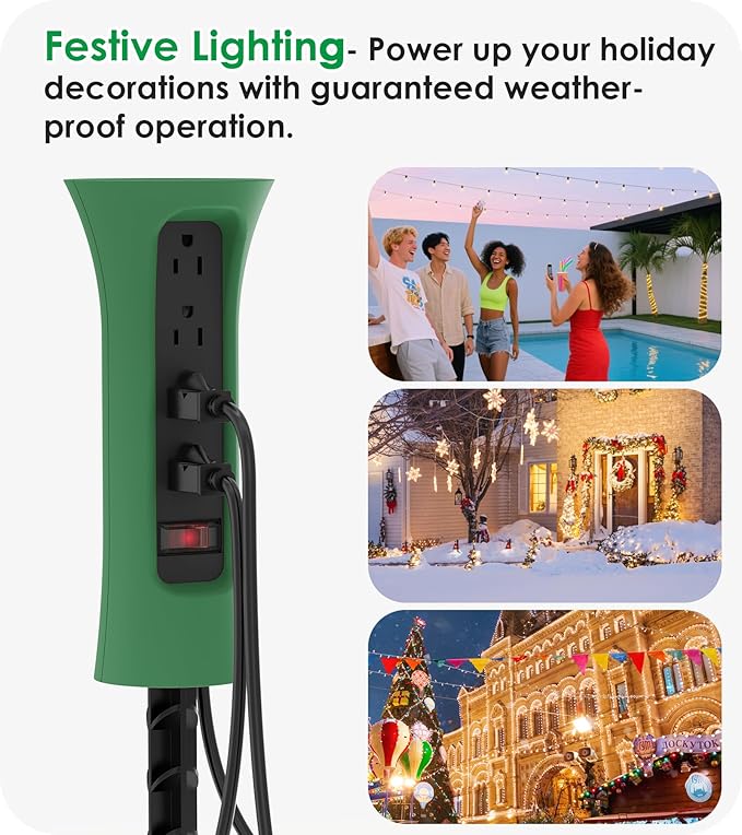 CCCEI Outdoor Power Strip Weatherproof with Stake, Waterproof Extension Cord with Multiple Outlets, Christmas Exterior Garden Decor, Yard, Camping, 4 Plugs, Surge Protector 6FT, Green.