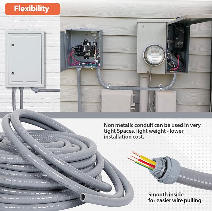 Liquid-Tight Conduit and Connector Kit 1/2inch 25ft, Flexible Non Metallic Liquid Tight Electrical Conduit w/UL Certification, Electrical Conduit Kit with 5 Straight, 5 Angle Fittings