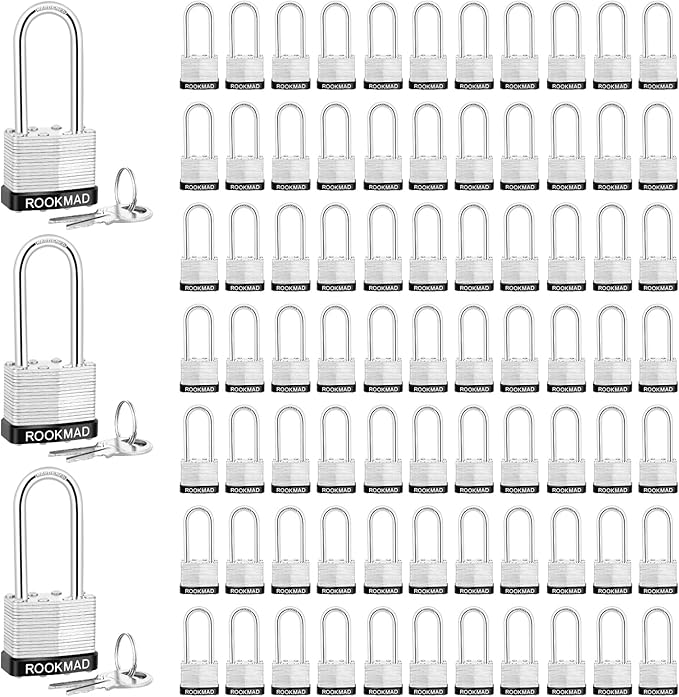 Keyed Padlocks, Laminated Steel Padlock, Keyed Alike Locks with Same Keys, Long Shackle, PE Plastic Hoop, The Lead Content of This Pad Lock complies with CA65, 80 Pack