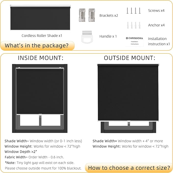 ChrisDowa Cordless Blackout Roller Shades for Windows, Thermal Insulated UV Protection Pull Down Shades, Total Blackout Window Blinds for Home, Office, Bedroom, Door (30" W x 72" H, Black)