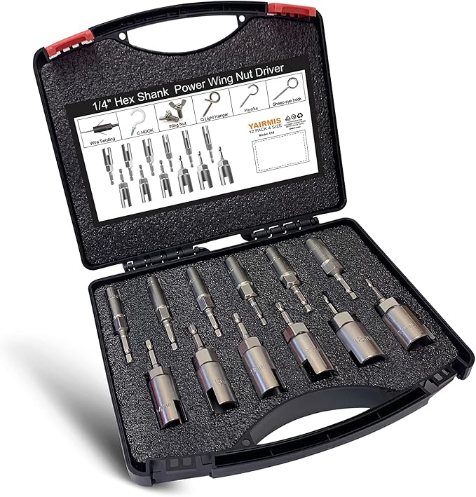 12 Pack 1/4" Hex Shank,Power Wing Nut Driver Set,Slot Wing nuts Drill Bit Socket Wrenches Tools Set, Drills Bits for Panel Nuts screws eye C hook bolt (Full set of 12 Pack 12 Size)