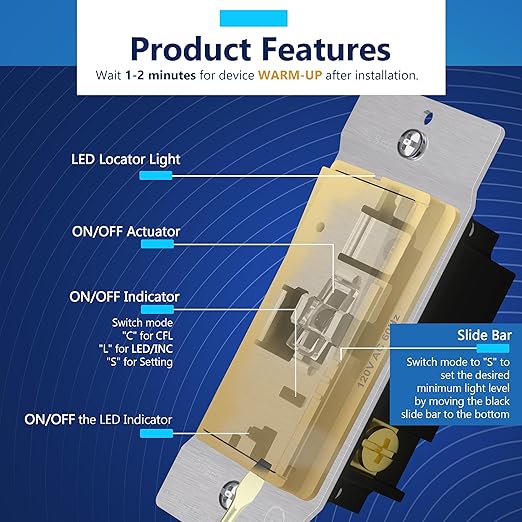 LIDER Dimmer Paddle Switch for Dimmable 300W LED/CFL Lights, 1-Pole or 3-Way, 120 V, Modern Upgrade, UL Listed, Screwless Wall Plate Included, Gold
