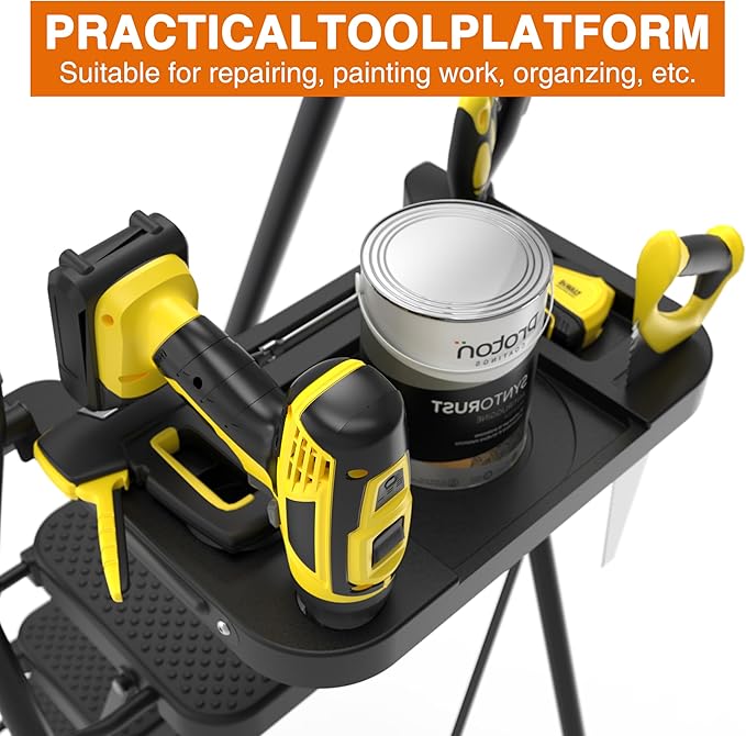 5 Step Ladder, Protable Steel Folding Stool with Wide Anti-Slip Pedal, Tool Platfor, Sturdy Steel Ladder, Black