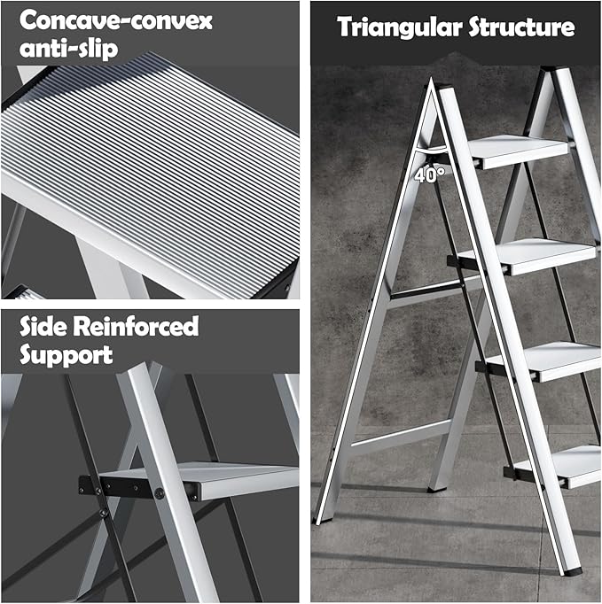 Taranta 4 Step Ladder,Aluminum Lightweight Folding 4 Step Stool with Anti-Slip Wide Pedal,330lbs Capacity Step Ladder for Household,Kitchen,Office - Silver