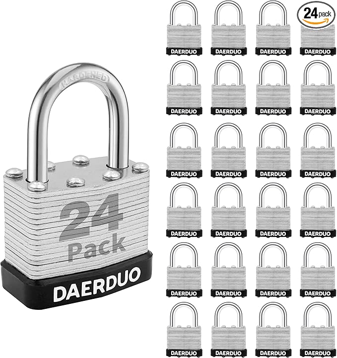 24 Pack 40 mm (1-9/16") Keyed Alike Laminated Padlocks with 48 Keys, Hardened Steel Short Shackle, Heavy-Duty Locks for Gym Lockers, Toolboxes, School Lockers, and Hasp Latches