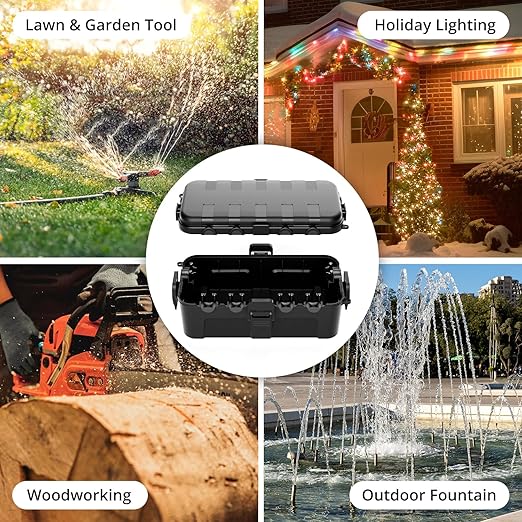QUOBAS Outdoor Waterproof Electrical Box with 6 Cable Ports, IP54 Weatherproof Heavy-Duty Extension Cord Cover for Power Strips, Garden Power Tools, Holiday Lights, Black