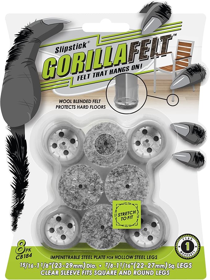 Slipstick GorillaFelt Chair Leg Floor Protectors for Hardwood Floors, Clear Sleeve Felt Pads for Furniture That Stay On, Fits Round & Square Legs, Includes 8 Premium Transparent Chair Socks, CB184