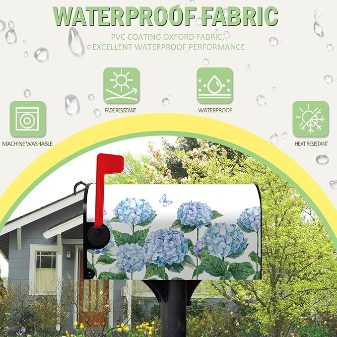 Hydrangea Flowers Magnetic Mailbox Cover Oversized Spring Summer Blue Floral Mailbox Covers Large Size 25.5 x 21 Inch Outdoor Letter Post Box Wraps for Garden Yard Home Decor
