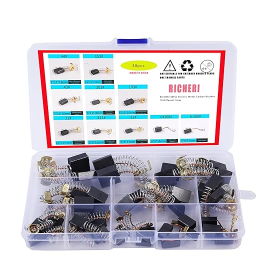 40Pcs Electric Motor Carbon Brushes 10 Different Sizes for Replacement Repair Power Tool Part