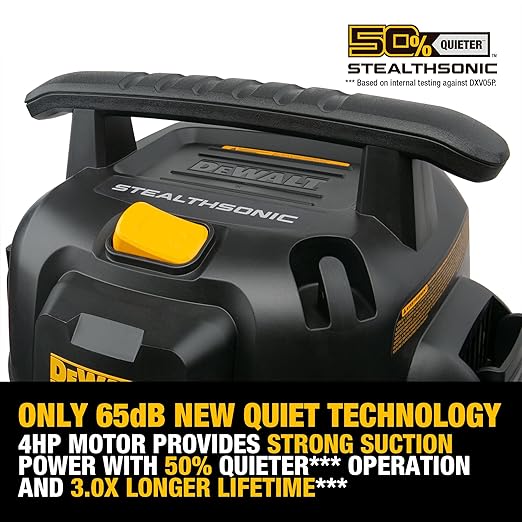 DEWALT Shop Vacuum 5-Gallon 4 HP STEALTHSONIC Wet/Dry Vacuum Cleaner DXV05P-QTB Ultra Quiet Poly Shop Vacuum with Powerful Suction for Garage, Jobsite, and Workshop