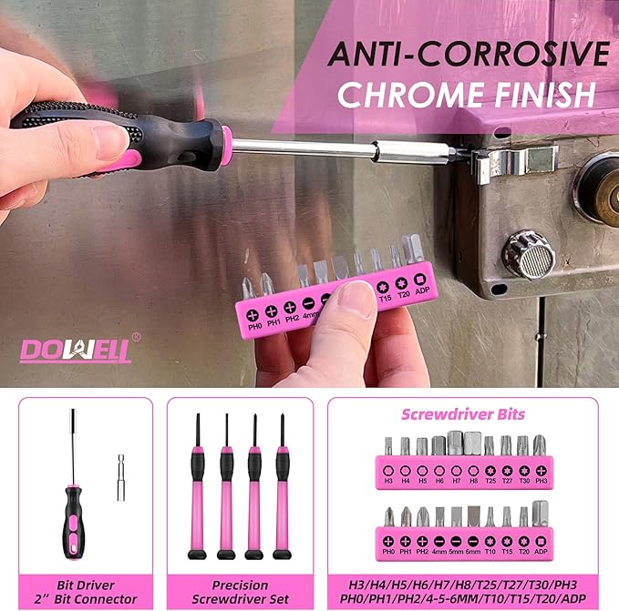 DOWELL 40 Pieces Home Tool Set Pink, General Household Hand Tool Kit with Plastic Toolbox Storage Case, Mini Repair Tool kit for Women, College Students, Home Use & More