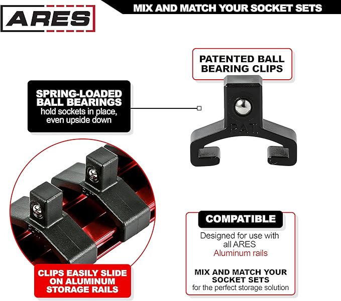 ARES 70204-3-Piece Aluminum Socket Organizer - 1/4-Inch, 3/8-Inch, and 1/2-Inch Drive Socket Rails Hold 48 Sockets and Keep Your Tool Box Organized