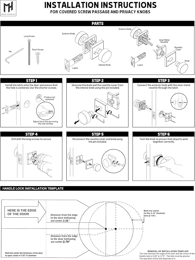 Mega Handles SUANA Privacy Door Knob for Hallway, Closet and Bathroom, Reversible Heavy Duty Design Door Knobs, Fits All Standard Door Sizes Screws Included - Satin Nickel (1 Pack)