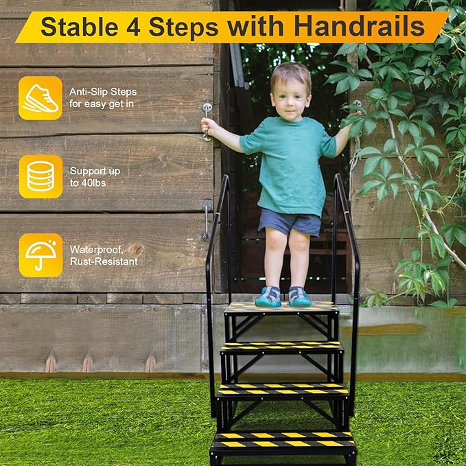 RV Steps with Handrail, Hot Tub Steps with Handrail, Portable Stairs Steps for 5th Wheel RV, Mobile Home Stairs Outdoor RV Step (4 Steps with 2 Handrails)