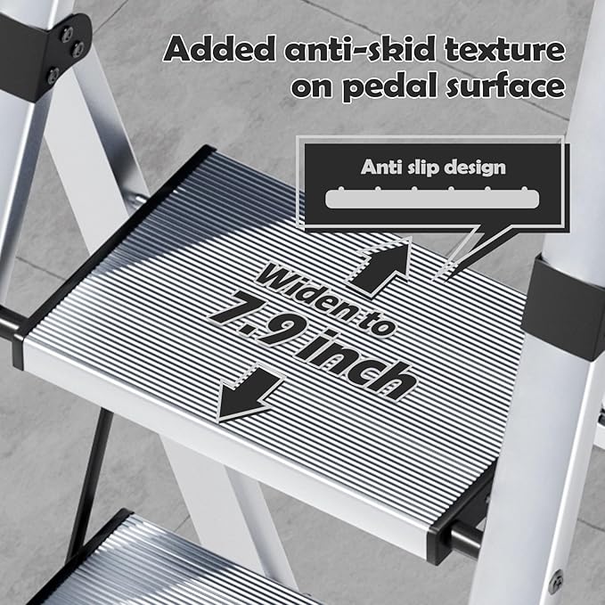 Taranta 4 Step Ladder, Portable Folding Ladder with Wide Pedal, Lightweight Aluminum Step Stool with Convenient Handgrip, 330 lbs Capacity Stepladder for Home, Office - Silver