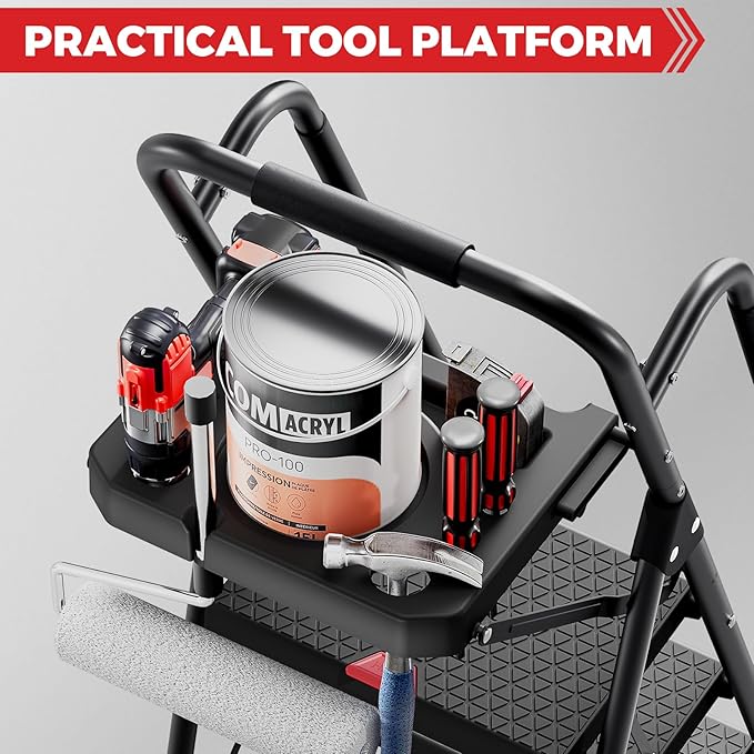 KINGRACK 5 Step Ladder, Folding Step Stool for Adult with Tool Platform, Handrails, Wide Anti-Slip Pedals, Pass 800lbs Load Testing, Portable Safety Step Stool for Home, Kitchen, Black