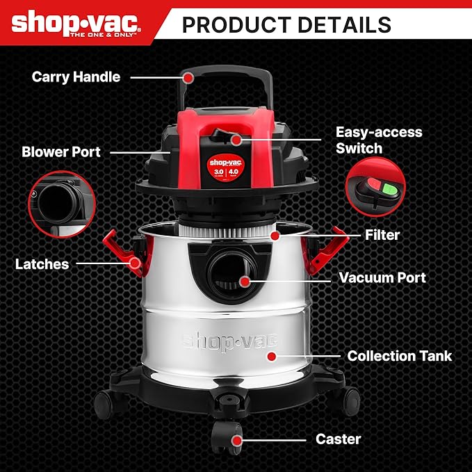 Shop-Vac 3 Gallon 4.0 HP Wet/Dry Vacuum with Blower Function, Stainless Steel Tank, Portable Shop Vacuum with Wheels, Includes Filters, Hose & Accessories, Ideal for Garage and Workshop
