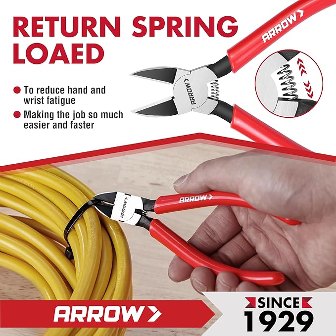 ARROW 6" Precision Wire Cutters - Spring Loaded Side Cutters, Ultra-Sharp Flush Cut Pliers, Diagonal Cutting Pliers with Non-Slip Handle for Jewelry Making, Crafts, Electronics, Zip Ties, DIY Models