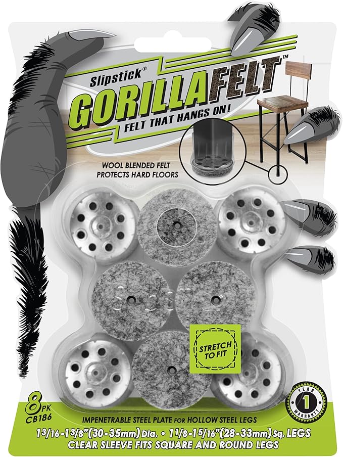 Slipstick GorillaFelt Chair Leg Floor Protectors for Hardwood Floors, Clear Sleeve Felt Pads for Furniture That Stay On, Fits Round & Square Legs, Includes 8 Premium Transparent Chair Socks, CB186