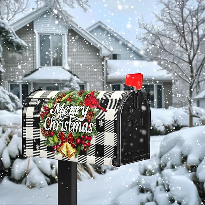 Merry Christmas Mailbox Covers Magnetic Large Size Winter Buffalo Plaid Mailbox Post Cover Oversized Xmas Snowflake Mailbox Wraps Holiday Mailbox Decor Waterproof 25.5 X 21 Inch