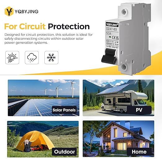 DC Circuit Breaker 50 Amp Solar Panel Disconnect Switch 12V-500V 1 Pole Miniature Solar Circuit Breaker for Outdoor PV Homes Battery, AC 110V DIN Rail MCB