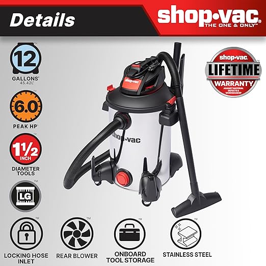Shop-Vac 5761311 12-Gallon Wet/Dry Shop Vacuum, 6 Peak HP, 1.5 Inch Diameter x 7 Foot Hose, 20 Foot Cord, Ideal for Home, Garage, and Workshop Cleaning