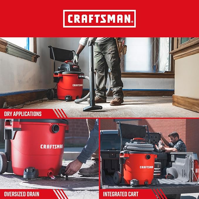 CRAFTSMAN CMXEVBE17656 20 Gallon 6.5 Peak HP Wet/Dry Shop Vac with Cart, Heavy-Duty Shop Vacuum Wet and Dry with Fine Dust Filter, Dust Bag, Hose and Attachments for Shop, Garage, Jobsite Cleaning