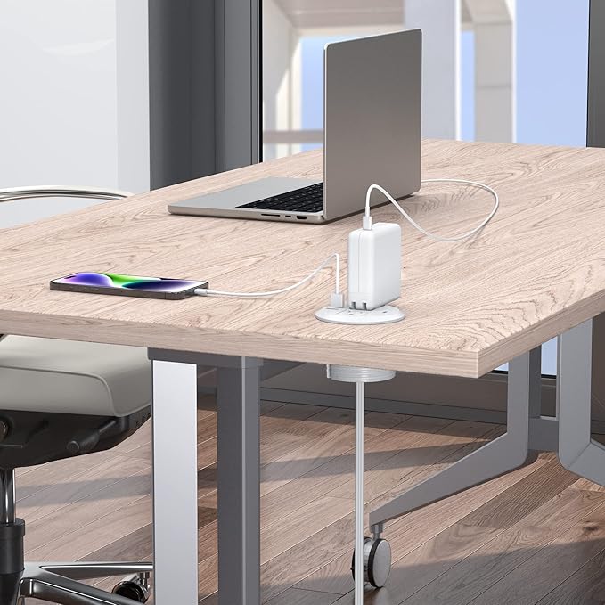 Jgstkcity 2-in-1 Desktop Power Grommet with USB-C Output, 125V, 12A, 2 AC Outlets, 3 USB Charging Ports, White