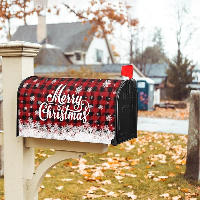 Kawani Merry Christmas Mailbox Cover Winter Snowflake Red Black Buffalo Plaid Christmas Decorative Mailbox Cover Magnetic Standard Size 25.5x21 Inch Xmas Post Box Cover Wraps for Garden Yard Decor