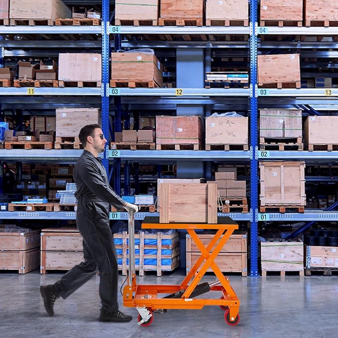 VEVOR Hydraulic Lift Table Cart, 330lbs Capacity 28.5" Lifting Height, Manual Single Scissor Lift Table with 4 Wheels and Non-Slip Pad, Hydraulic Scissor Cart for Material Handling and Transportation