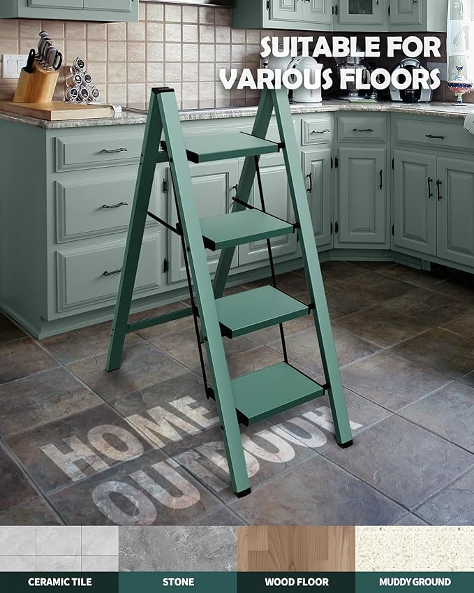 Taranta 4 Step Ladder,Aluminum Lightweight Folding 4 Step Stool with Anti-Slip Wide Pedal,330lbs Capacity Step Ladder for Household,Kitchen,Office - Green