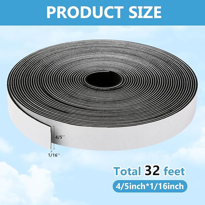 Weather Stripping Door Seal Strip (4/5 Inch X 1/16 Inch X 32Feet), Strong Adhesive, Lightproof, Soundproof, Weatherproof Foam Tape Insulation for Sliding Door, Front Door Frame, Windows- Black