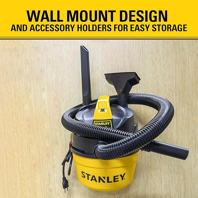 STANLEY Shop Vacuum Wet and Dry, 1 Gallon 1.5 Peak HP Small Wet Dry Vac with 60CFM Powerful Suction, Portable Wall Mount Vacuum Cleaners for Home, Car, Garage and DIY Workshop, SL18101P-1H
