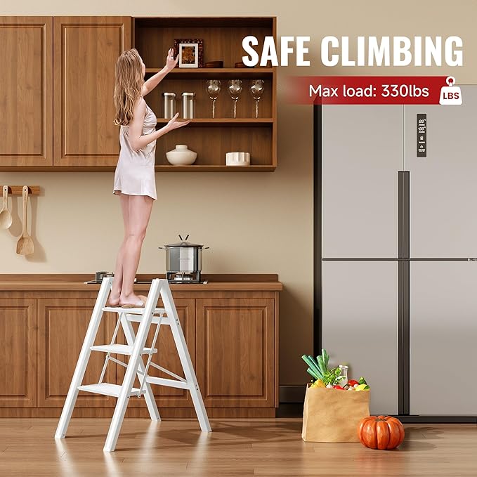 GameGem 3 Step Ladder, Aluminum Folding Step Stool with Anti-Slip Sturdy and Wide Pedal, Lightweight Portable Stepladder for Home and Kitchen Use Space Saving, Cream White, 330 lbs