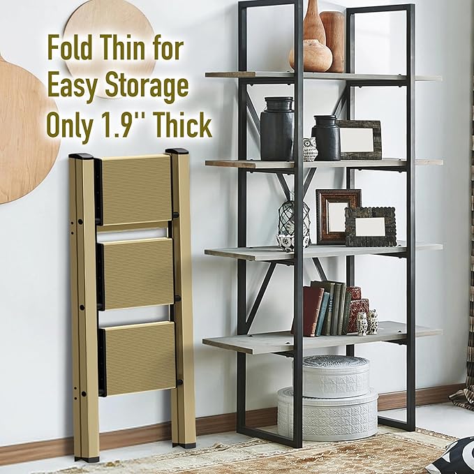 3 Step Ladder,Aluminum Folding Step Stool for Adults,Step Ladder with Wide Anti-Slip Pedal,330 lbs Capacity for Home,Office,Kitchen,Library(Gold)