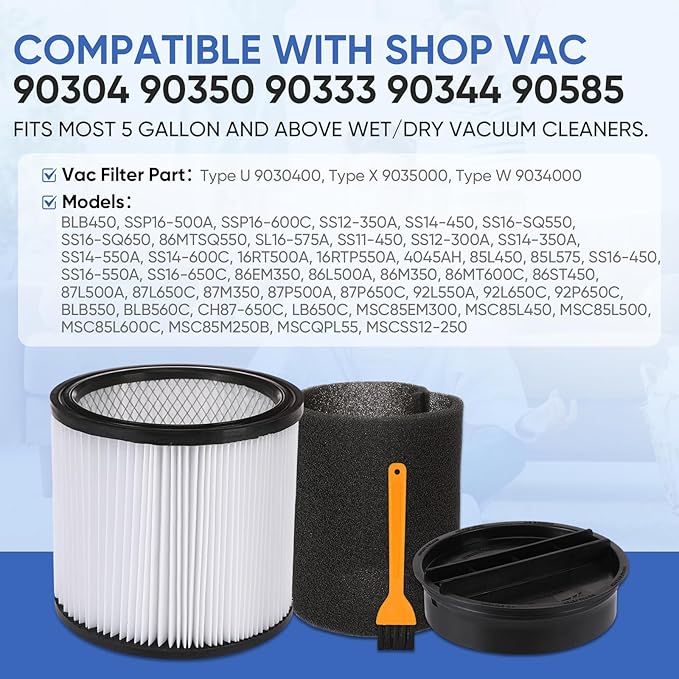 90304 Replacement Cartridge Filter Compatible with Shop Vac Filter 90304 90350 90333 90585,Fits Most 5 Gallon and Above Wet/Dry Vacuum Cleaners(2+2+4+1)