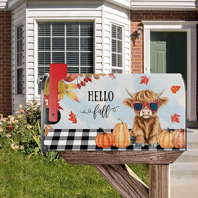 Fall Highland Cow Pumpkin Mailbox Cover Magnetic Standard Size 21x18 Inch Autumn Decorative Post Letter Box Wrap Decor Garden Yard Decoration