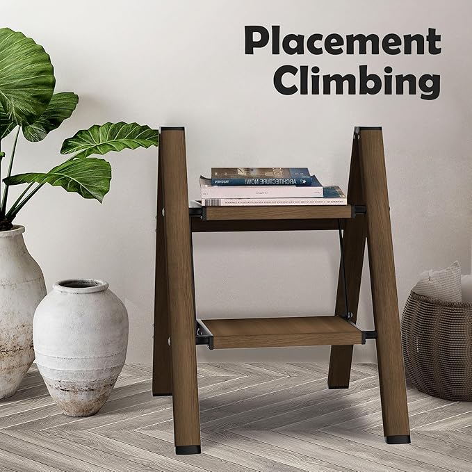 Taranta 2 Step Ladder,Aluminum Lightweight Folding 2 Step Stool with Anti-Slip Wide Pedal,330lbs Capacity Step Ladder for Household,Kitchen,Office - Walnut