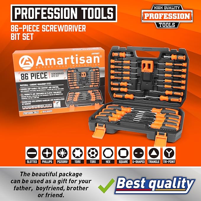 Amartisan 86-Piece Magnetic Screwdrivers Set with Case, Includs Slotted, Phillips, Hex, Pozidriv,Torx and Precision Screwdriver Set, Magnetizer Demagnetizer Tools, Tools for Men