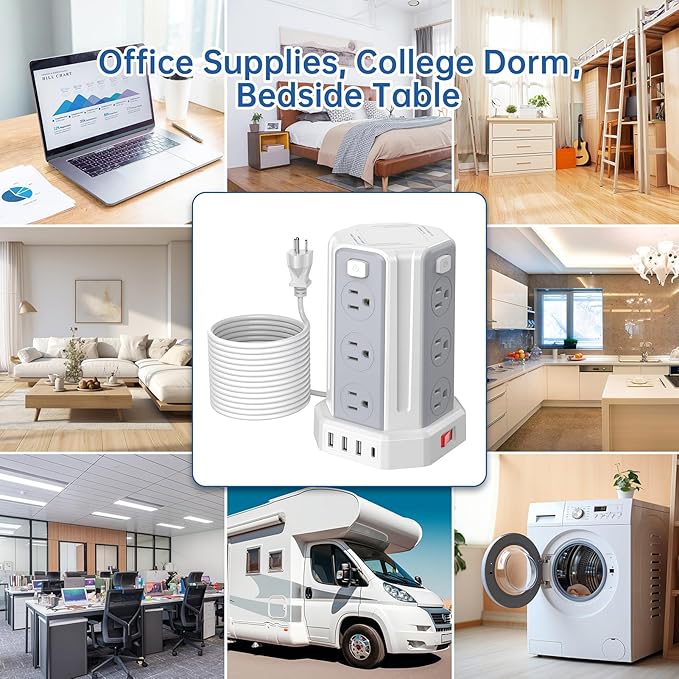 Power Strip Surge Protector, 10 Ft Extension Cord with 12 AC Multiple Outlets 4 USB (1 USB C), SMALLRT Power Tower Desktop Charging Station (White, 16.4 FT)