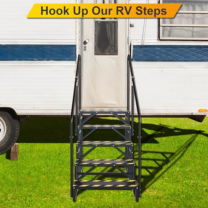 RV Steps with Handrail, Hot Tub Steps with Handrail, Portable Stairs Steps for 5th Wheel RV, Mobile Home Stairs Outdoor RV Step (5 Steps with 2 Handrails)