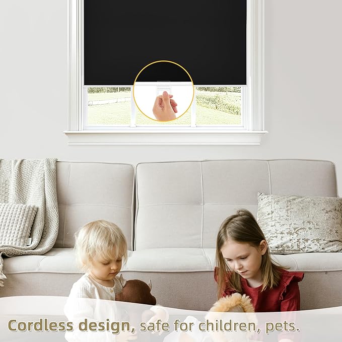 ChrisDowa Cordless Blackout Roller Shades for Windows, Thermal Insulated UV Protection Pull Down Shades, Total Blackout Window Blinds for Home, Office, Bedroom, Door (60" W x 72" H, Black)