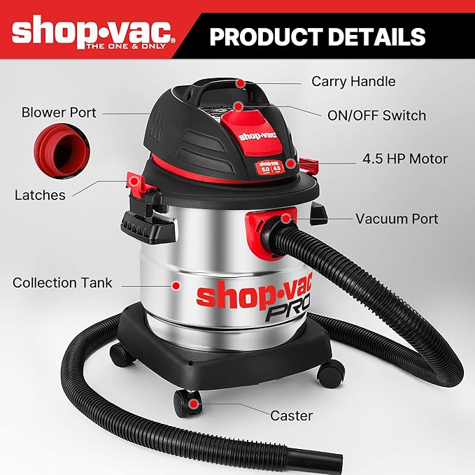 Shop-Vac 5 Gallon 4.5 Peak HP Wet/Dry Vacuum, Stainless Steel Tank, Portable Shop Vacuum with Filter, Hose and Accessories for Garage, Workshop. 5920588