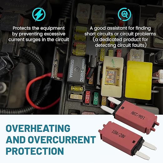 NuIth Manual Reset 10A Mini Fuse Circuit Breakers, E73 Low Profile ATM Circuit Breaker Blade Fuse DC 28V Resettable Standard Blade Fuses for Car Truck RV Marine (2PCS-10A)