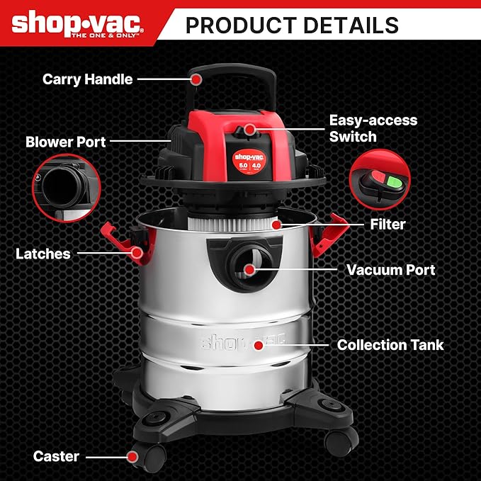 Shop-Vac 5 Gallon 4.0 HP Wet/Dry Vacuum with Blower Function, Stainless Steel Tank, Portable Shop Vacuum with Wheels, Includes Filters, Hose & Accessories, Ideal for Garage and Workshop