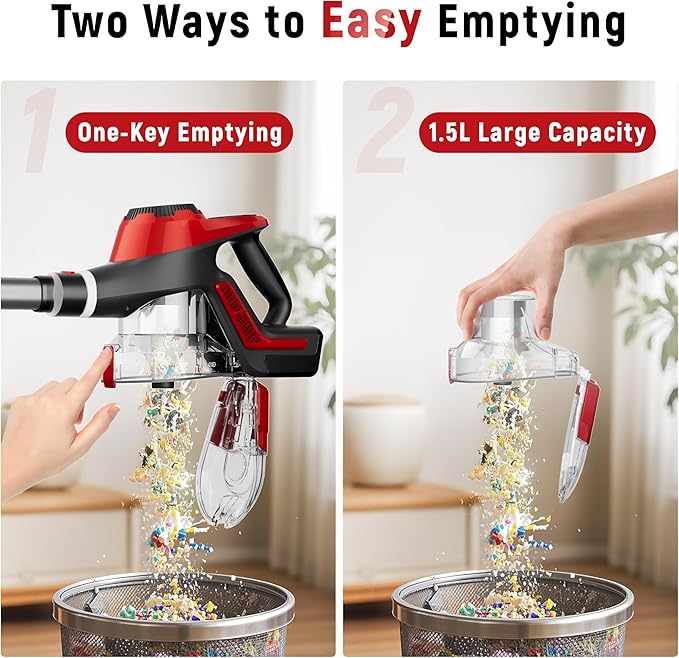 Cordless Vacuum Cleaner, 30Kpa Home Stick Vacuum, Smart Display & 1.5L Dust Cup, 55mins Max Runtime, Rechargeable Lightweight Handheld Vavuum for Pet Hair/Carpet/Hardwood Floor/Car (Red)