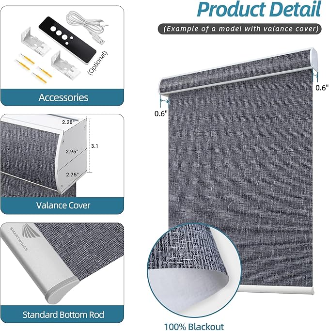 SmartWings Motorized Smart Blinds with Remote, Custom Automatic 100% Blackout Roller Shade Compatible with Alexa/Homekit/Google, Electric Smart Blinds for Indoor Windows, Eclipse Charcoal