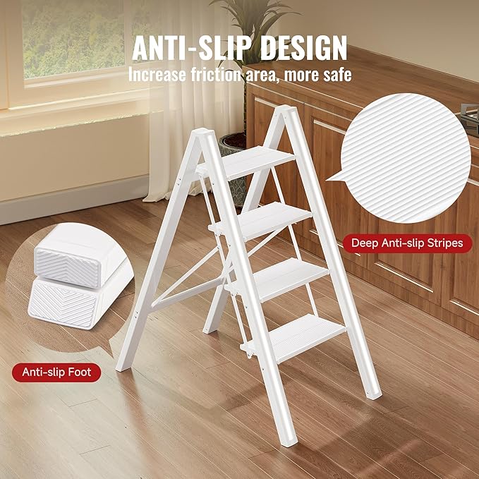 GameGem 4 Step Ladder, Aluminum Folding Step Stool with Anti-Slip Sturdy and Wide Pedal, Lightweight Portable Stepladder for Home and Kitchen Use, Cream White, 330 lbs