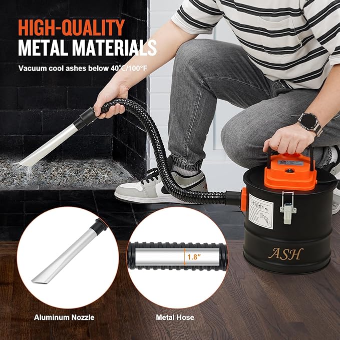 Ash Vacuum Cleaner -2.6 Gallon Fireplace Ash Vac with 800w Powerful Hose Non-Woven Dust Separator | Dry Stove Vacuum for Fireplaces Pellet Grill Wood Stove Fire Pits Orange