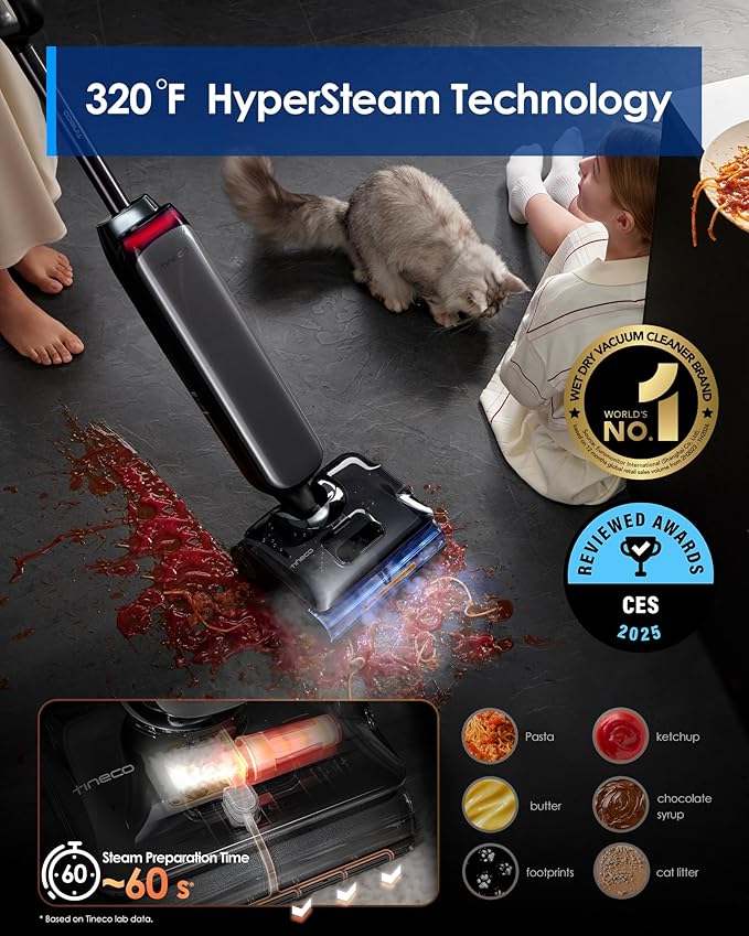 Tineco Floor One S9 Artist Steam Wet Dry Vacuum Cleaner, High-temp Steam Cleaning, 22kPa Suction, 360° SmoothDrive, Anti-Tangle Design, 185°F Flashdry, Long Runtime, 180° Lay-Flat